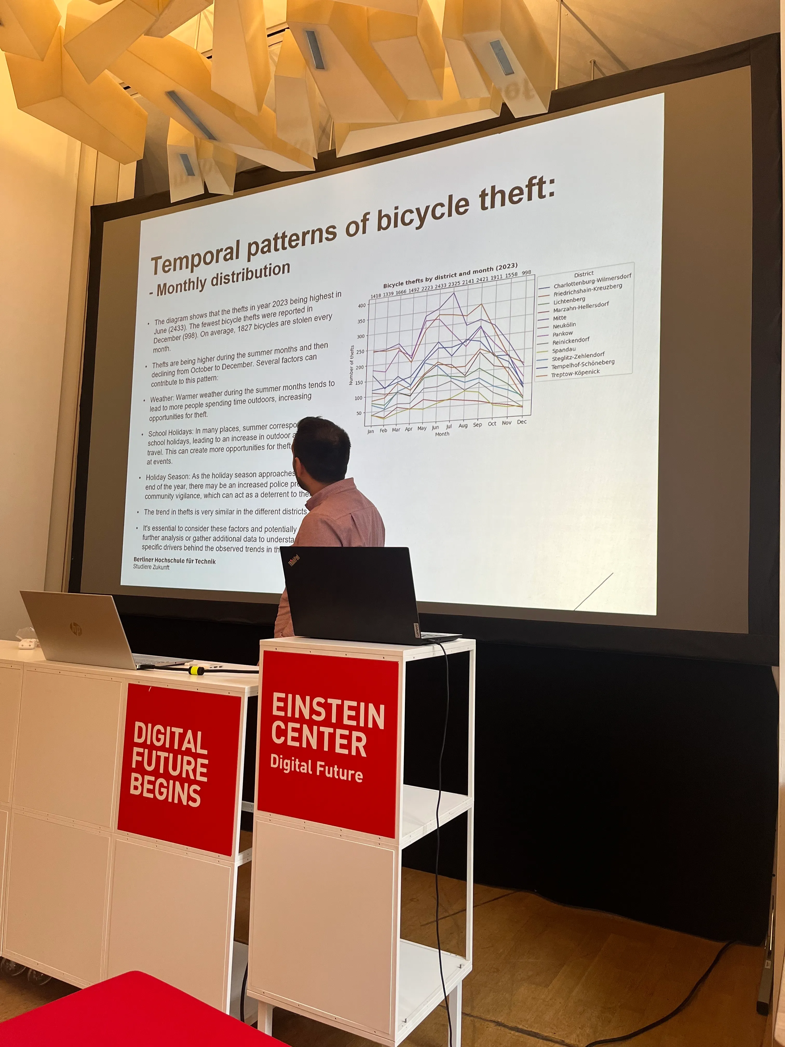 Ein Student stellt Ergebnisse seiner Datenanalyse auf Grundlage des offenen Datensatz zu Fahrradiebstählen vor.