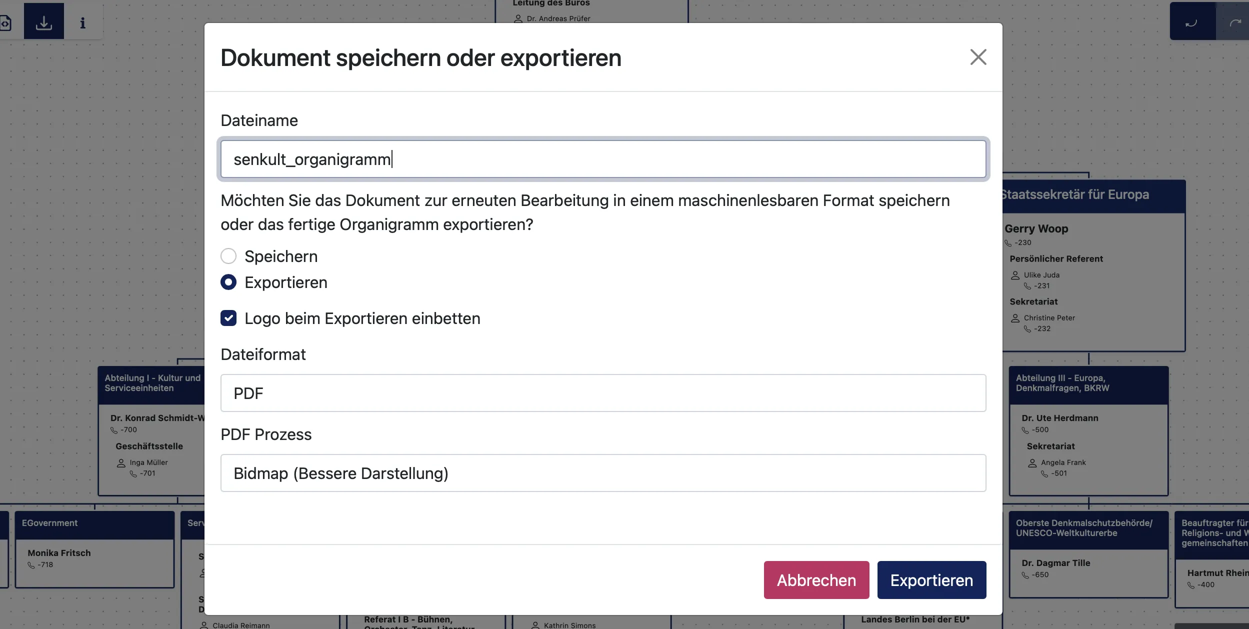 Neunter Schritt – Fertiges Organigramm exportieren